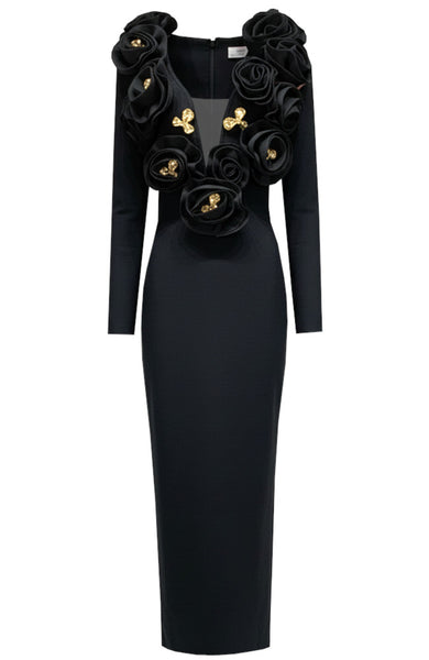 3D FLOWER NECKLINE EMBELLISHED LONG SLEEVE BANDAGE DRESS (BLACK)