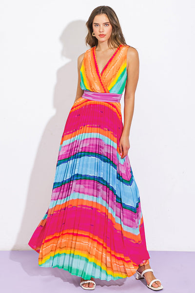 VACAY MULTI OMBRE PLEATED MAXI DRESS (MULTICOLOR)