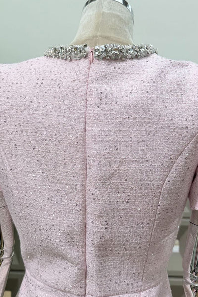 RHINESTONE NECKLINE PETAL SLEEVES MINI DRESS (PINK)