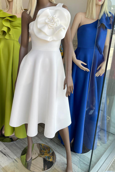 3D FLOWER SINGLE SHOULDER FLARE MIDI DRESS WITH POCKETS (WHITE)