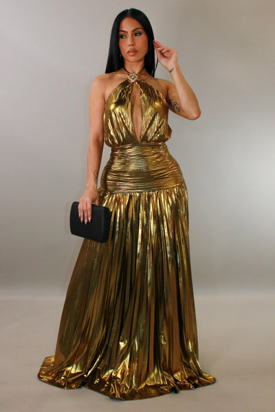 GOLDEN METALLIC PLEATED HALTER OPEN BACK MAXI DRESS