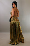 GOLDEN METALLIC PLEATED HALTER OPEN BACK MAXI DRESS