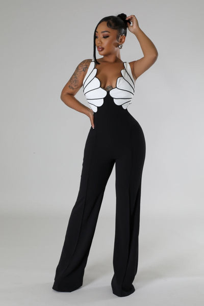 FOLDED SHELL SWAY V-NECK WIDE LEG JUMPSUIT (BLACK/WHITE)