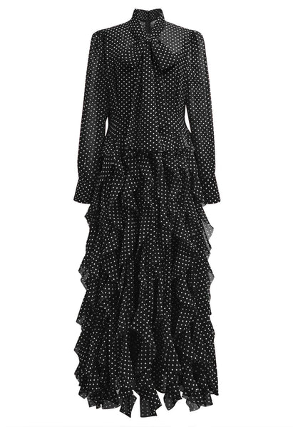 CASCADE RUFFLE POLKA DOT BOWKNOT CHIFFON MAXI DRESS (BLACK/WHITE)