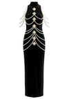COCO PEARL DRAPING CRYSTALS DETAIL BANDAGE DRESS (BLACK)