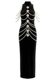 COCO PEARL DRAPING CRYSTALS DETAIL BANDAGE DRESS (BLACK)