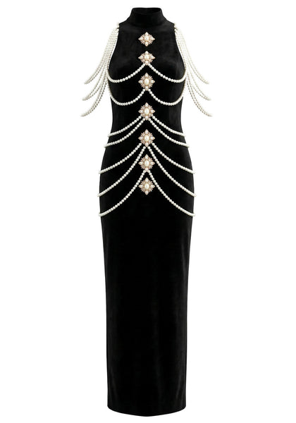 COCO PEARL DRAPING CRYSTALS DETAIL BANDAGE DRESS (BLACK)