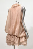 RUFFLED 3D FLORAL NECKLINE RUFFLED MINI DRESS & SHORT SET (MOCHA)