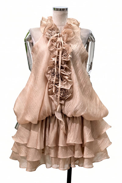 RUFFLED 3D FLORAL NECKLINE RUFFLED MINI DRESS & SHORT SET (MOCHA)