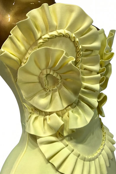 BUTTER YELLOW RUFFLE STRAPLESS BANDAGE MAXI DRESS