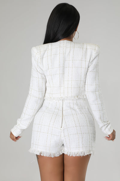 TWEED CROPPED JACKET AND STRAPLESS ROMPER SET (WHITE/GOLD)
