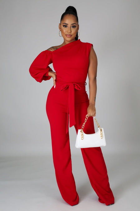 ONE SHOULDER TULLE RUFFLE WIDE LEG JUMPSUIT (RED)