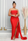 STRAPLESS DRAPED CORSET HIGH SLIT GOWN (RED)