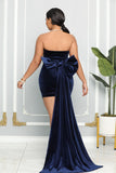 VELVET BODYCON MINI DRESS BACK BOW WITH LONG TRAIN (NAVY)