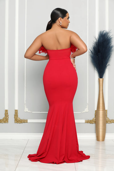 PALOMA STRAPLESS FEATHER MERMAID DRESS (RED)