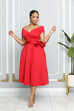 SWEETHEART NECKLINE OFF SHOULDER SKATER MIDI DRESS (RED)